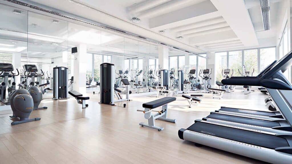 Heller, moderner Fitnessraum mit Holzboden, mehreren Laufbändern, Trainingsbänken und verschiedenen Kraft- und Ausdauergeräten vor großen Fenstern und Spiegelwänden.